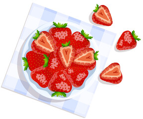 Bowl with strawberries on a napkin. Breakfast, healthy food, berries, dieting concept. Isolated vector illustration for flyer, poster, banner.