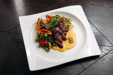 grilled beef tenderloin fillet with salad and sauce