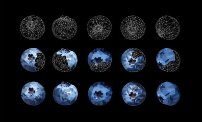 Set of Blueberries tasty and delicious isolated on black. Low poly triangular 3d blueberries in a geometric style. Detailed vector illustration stages of the creation process