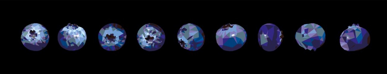 Vector set of Blueberries tasty and delicious isolated on black. Low poly triangular nine berries in a geometric style. 