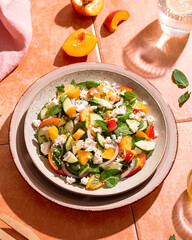 Summer peach and cheese salad on tile table, top view