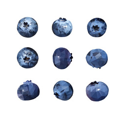 Vector set of Blueberries tasty and delicious isolated on white. Low poly triangular nine berries in a geometric style. 