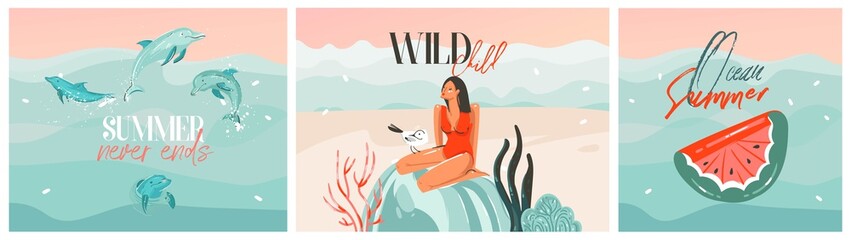 Hand drawn vector abstract stock graphic summer cartoon,minimalistic contemporary illustrations prints collection set with relaxing girl character and dolphins on beach isolated on white background. © anastasy_helter