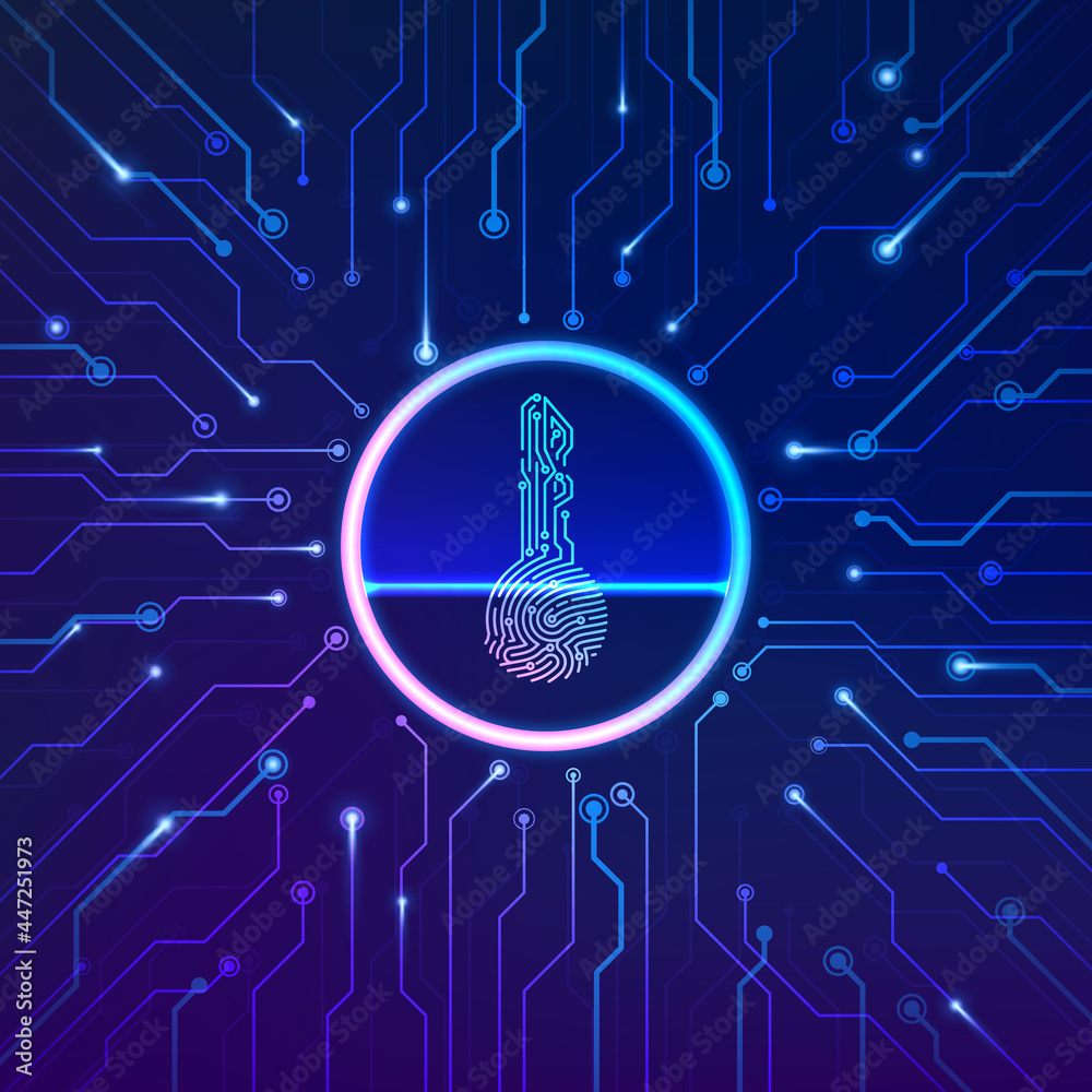 Poster fingerprint scan. cyber security concept. fingerprint in key shape with circuit background. security