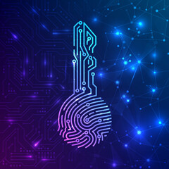 Fingerprint biometric circuit key for identification on hardware and software information system. Abstract futuristic technology background. Vector - obrazy, fototapety, plakaty