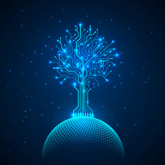 Circuit tree on network sphere. Abstract futuristic hologram sci fi background. Vector - obrazy, fototapety, plakaty