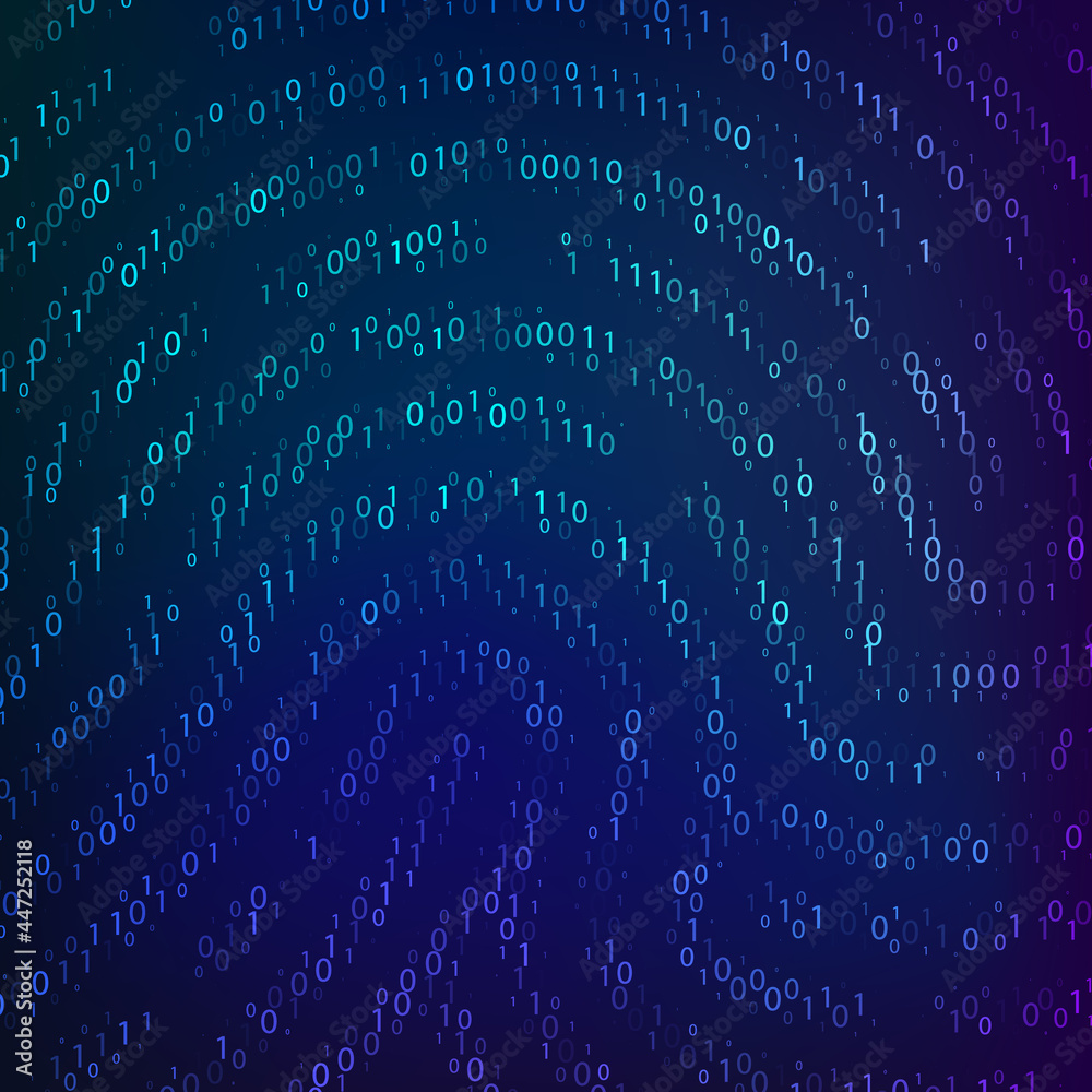Poster Binary code by fingerprint shape. Biometric data. Cyber security technology. Digital verification information. Vector