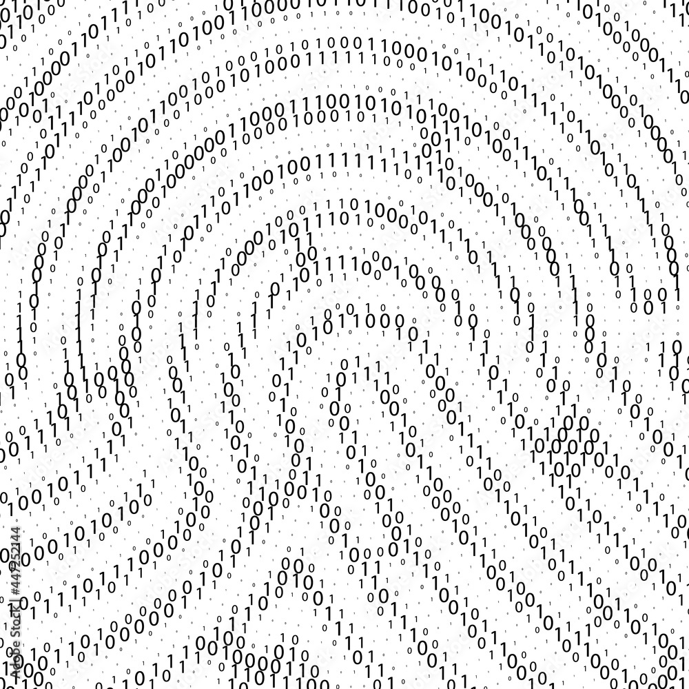 Poster Binary code by fingerprint shape. Cyber security technology. Digital verification information. Black digits on white background. Vector