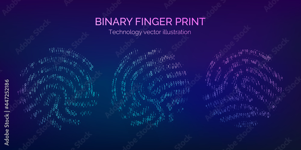 Poster Set of binary code fingerprint. Digital key for software identification. Biometric id. Fingerprint scanner in futuristic technology system. Vector