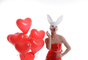 Sexy woman. Erotica. Sexy erotic photo. Sensuality. Photo. Red balloons. Gift. Mask. 