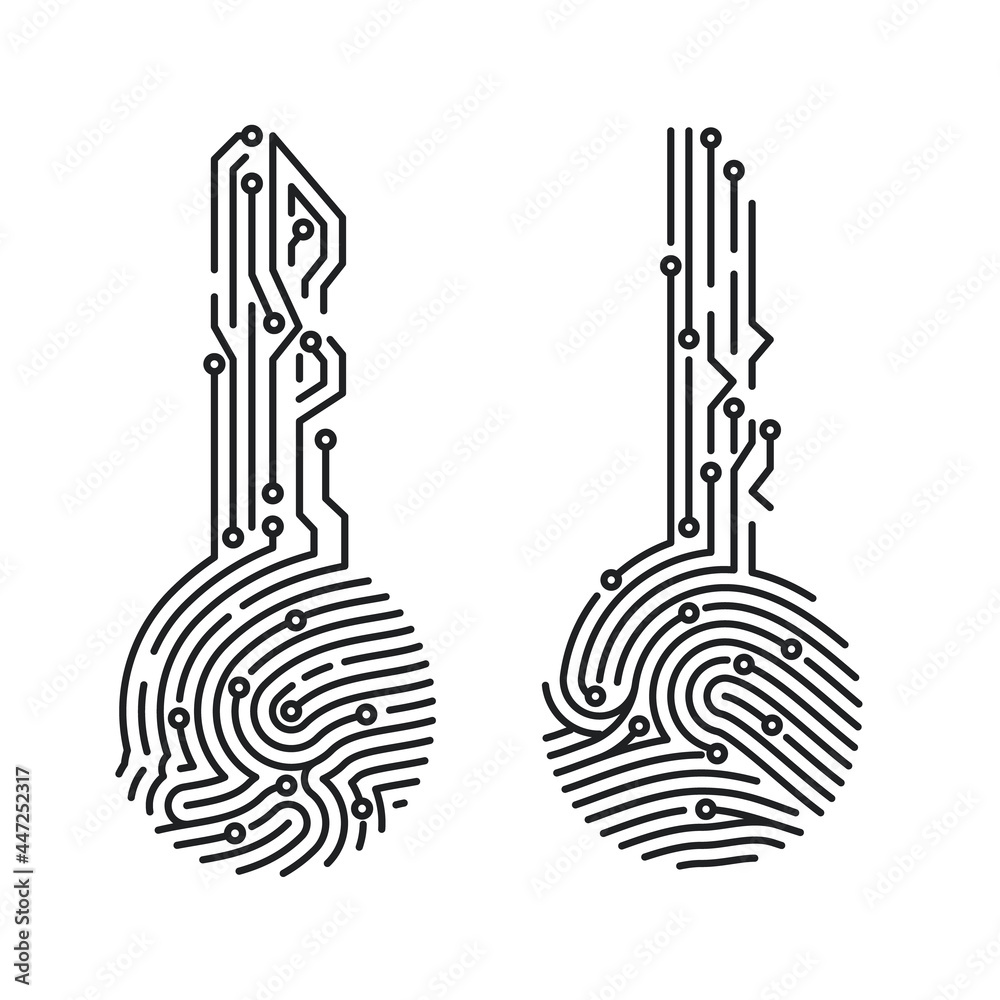 Poster circuit fingerprint key. security system user verification. biometric id for software login. vector