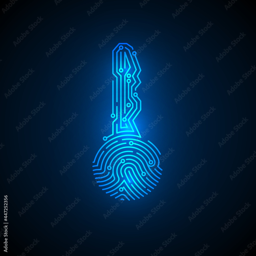 Poster fingerprint in key shape with circuit background. cyber security id concept. security cryptocurrency