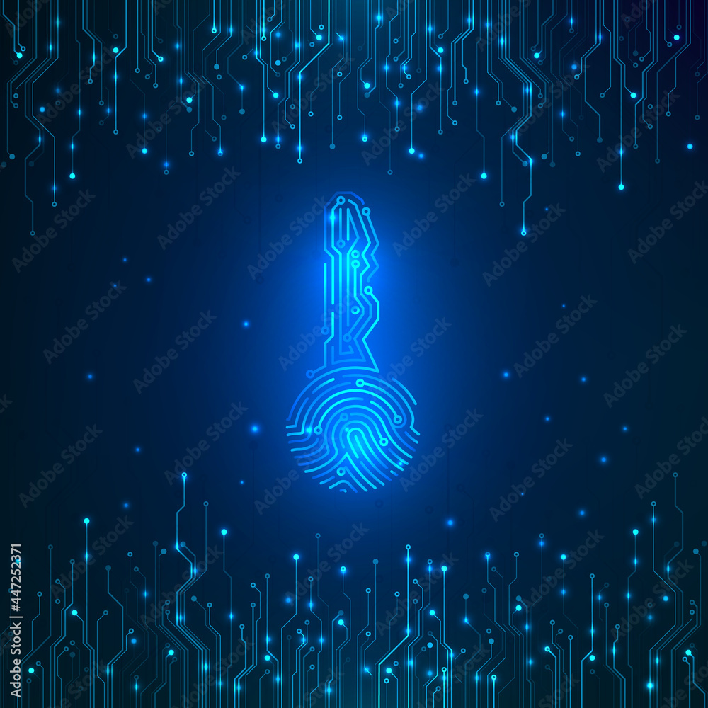 Poster cyber security id concept. fingerprint in key shape with circuit background. security cryptocurrency