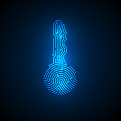 Fingerprint in key shape with circuit background. Cyber security id concept. Security cryptocurrency technology. Authorization futuristic system. Vector