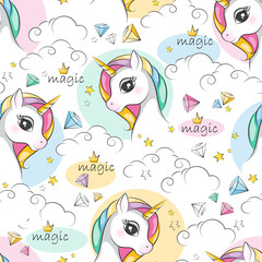  Seamless pattern of cute little unicorn and magical crystal. Colorful illustration for children wallpaper , textile and gift paper.