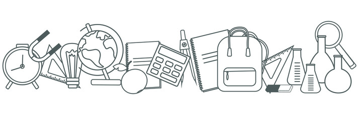 Fototapeta premium Horizontal banner of school supplies. Doodle objects calculator, globe, rulers, notebooks, textbooks, magnifying glass, test tubes, eraser, compasses. Panorama. Template for the cover. isolated.