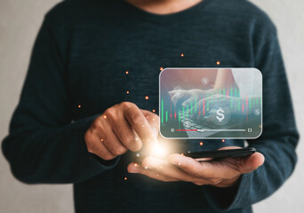 Close up hands holding smartphone. man using cellphone online for  watching video on internet  for trading strategy at corporate finance fund tutorial. technology business investment and education con