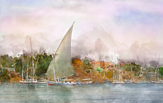 Digital watercolor painting of beautiful landscape image view of Felucca Sailing om the Nile River in Aswan, Egypt.