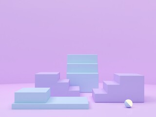 Minimal scene with podium and abstract background. Geometric shapes. Pastel colors scene. Minimal 3d rendering. Scene with geometrical forms, violet and blue forms for cosmetic product. 3d render. 