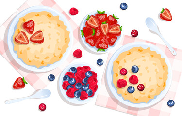 Bowls with oat porridge and berries, spoon near. Raspberry, strawberry and blueberry. Breakfast, healthy food, dieting concept. Isolated vector illustration for flyer, poster, banner.