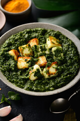 Palak Paneer indian traditional food with cheese and spinach on black background, selective focus