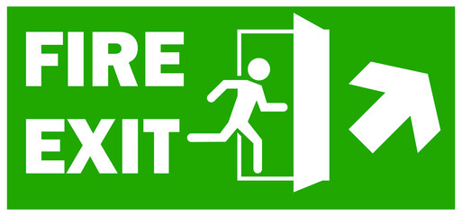 emergency fire exit sign with running man icon to door. green color. arrow vector. warning sign plate