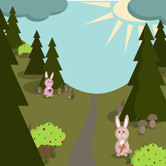 Obraz na płótnie Canvas bunnies and mushrooms on a forest path