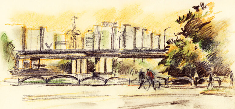 City landscape.  Sketch with colored pencils.