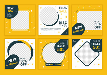 Editable template post for social media ads set collection. Modern layout design with photo space. Web banner ads for promotion design with yellow and white colors. Vector illustration