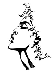 vector line art drawing of strong-willed profile of a woman with curly hair and unusual facial features in a realistic manner isolated on white background. imitation of an ink drawing with shading.