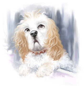 A white dog with red ears of the Spaniel breed. Digital portrait.