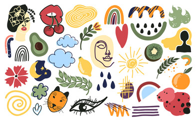 Trendy doodle abstract nature icons isolated on white background. Contemporary hand drawn geometric objects trendy design, scribble mega set boho style.