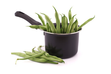 Handful of green beans in the pot isolated on white