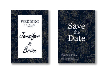 Minimal floral wedding invitation card template design, vintage magnolia line art ink drawing. Vector illustration EPS10