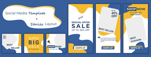 Set collection of social media stories and post frame templates. Layout for promotion. Blue and yellow colors abstract square puzzle. Vector design backgrounds for social media banner advertising