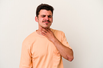 Young caucasian man isolated on white background suffers pain in throat due a virus or infection.