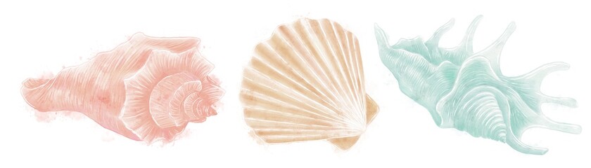 A set of illustrations of sea shells, coral, beige and turquoise colors on a white background, decorative elements on a marine theme