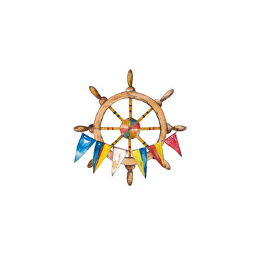 Nautical ahoy illustration. Wooden wheel with ship's flags. Red-blue yellow marine decor. Watercolor hand painted isolated elements on white background.