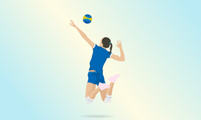 A girl in a blue uniform, jumping for a ball.