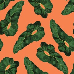 Exotic darkt green leaves seamless pattern on orange background.	