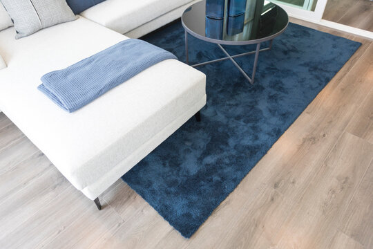 Luxurious dark blue carpet and white sofa in modern living room.