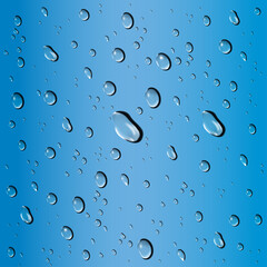 Clear water drops on blue background. Raindrop pattern on window. Waterdrops on glass surface. Realistic vector illustration