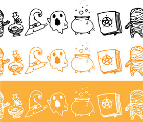 Vector set of seamless horizontal borders for Halloween. long strips of doodle ghost, cauldron, potion, witch hat, mummy, spell book, orange, white and black outline on different backgrounds for the d