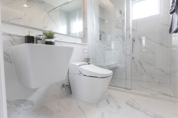 Naklejka na ściany i meble Modern white marble sink and lavatory in a luxurious bathroom.