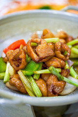 A delicious Chinese dish, fried pork intestines