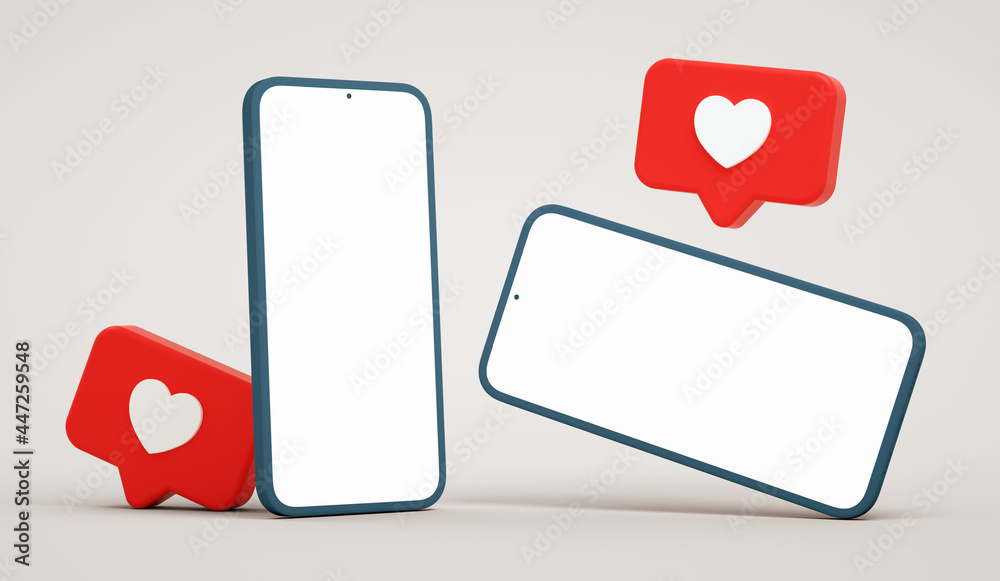 Wall mural two white screen smartphone mockup with social media like buttons. phone display and social network 