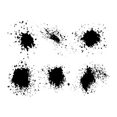 Set of black ink splashes and drops. Different hand drawn spray design elements. Blobs and spatters. Isolated vector illustration