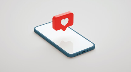 Isometric view of screen phone mockup with social media like button. Smartphone display and social network notification, realistic presentation template in 3D rendering