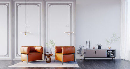 3d rendering,3d illustration, Interior Scene and  Mockup, White walls luxury with gray trim and orange-brown leather armchair, gray side broads.