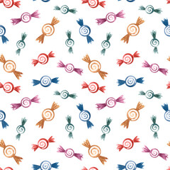 Seamless pattern with colorful candys. Very colorful, juicy and appetizing for the holiday and new year. For wrapping paper, gift bags and festive decor. Watercolor.